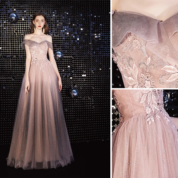 Élégant Rougissant Rose Robe De Soirée 2020 Princesse De l'épaule Perlage Paillettes En Dentelle Fleur Manches Courtes Dos Nu Longue Robe De Ceremonie