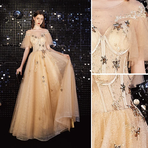 Charmant Doré Robe De Bal 2020 Princesse Encolure Dégagée En Dentelle Paillettes Étoile Faux Diamant Manches Courtes Dos Nu Longue Robe De Ceremonie