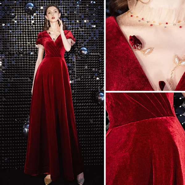 Elegant Red Evening Dresses 2020 A-Line / Princess Suede High Neck Short Sleeve Floor-Length / Long Formal Dresses