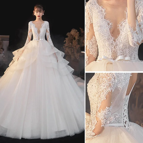 Fashion Elegant White Lace Flower Cascading Ruffles Wedding Dresses 2021 A-Line / Princess Deep V-Neck Bow 3/4 Sleeve Backless Royal Train Wedding