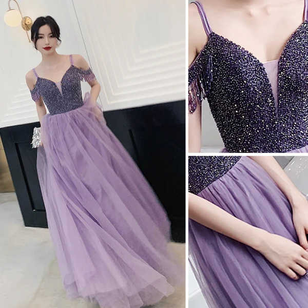 Charmant Lilas Robe De Soirée 2020 Princesse Bretelles Spaghetti Perlage Cristal Gland Sans Manches Dos Nu Longue Robe De Ceremonie