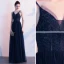 Élégant Bleu Marine Robe De Soirée 2020 Princesse Bretelles Spaghetti Faux Diamant Sans Manches Dos Nu Longue Robe De Ceremonie