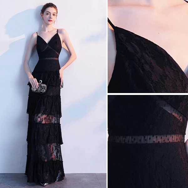 Sexy Noire Robe De Soirée 2020 Princesse Bretelles Spaghetti En Dentelle Sans Manches Dos Nu Longue Robe De Ceremonie