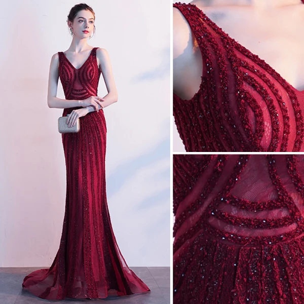 Luxury / Gorgeous Burgundy Evening Dresses 2019 Trumpet / Mermaid V-Neck Beading Crystal Sleeveless Backless Sweep Train Formal Dresses