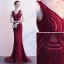 Luxury / Gorgeous Burgundy Evening Dresses  2019 Trumpet / Mermaid V-Neck Beading Crystal Sleeveless Backless Sweep Train Formal Dresses