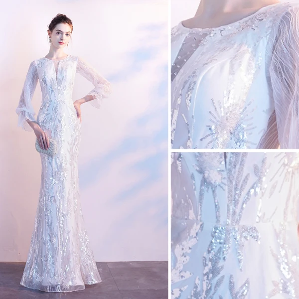 Charmant Blanche Robe De Soirée 2020 Trompette / Sirène Encolure Dégagée Paillettes 3/4 Manches Longue Robe De Ceremonie