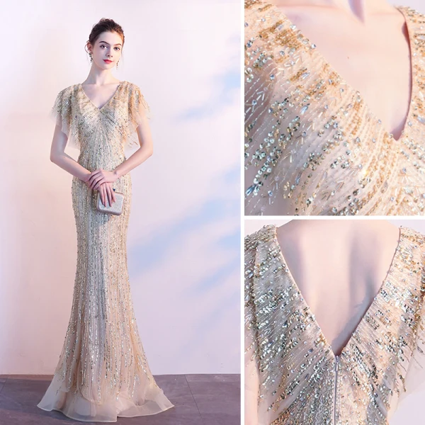Luxe Doré Robe De Soirée 2020 Trompette / Sirène V-Cou Fait main Perlage Cristal Paillettes Manches Courtes Dos Nu Train De Balayage Robe De Ceremonie
