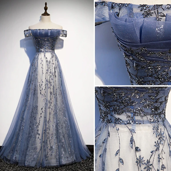 Modern / Fashion Ocean Blue Evening Dresses 2020 A-Line / Princess Off-The-Shoulder Sequins Short Sleeve Backless Floor-Length / Long Formal Dresses