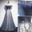 Modern / Fashion Ocean Blue Evening Dresses  2020 A-Line / Princess Off-The-Shoulder Sequins Short Sleeve Backless Floor-Length / Long Formal Dresses