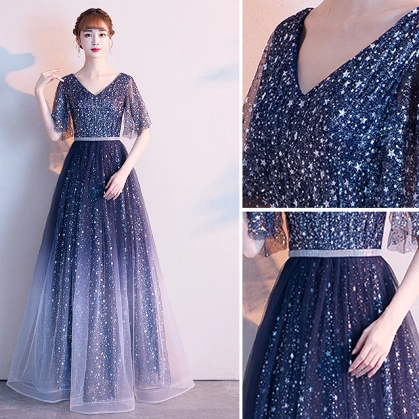 Modern / Fashion Navy Blue Starry Sky Evening Dresses  2019 A-Line / Princess V-Neck Star Sequins Short Sleeve Backless Floor-Length / Long Formal Dresses