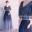 Modern / Fashion Navy Blue Starry Sky Evening Dresses  2019 A-Line / Princess V-Neck Star Sequins Short Sleeve Backless Floor-Length / Long Formal Dresses