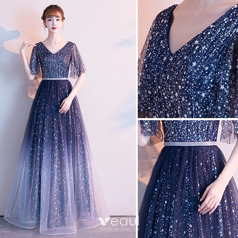 Modern Fashion Navy Blue Starry Sky Evening Dresses 2019 A Line Princess V Neck Star Sequins