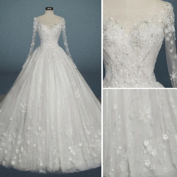 Luxury / Gorgeous Ivory Wedding Dresses 2019 A-Line / Princess Scoop Neck Beading Lace Flower Appliques Crystal Pearl Long Sleeve Backless Royal Train