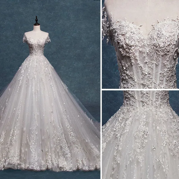 Charming Ivory Wedding Dresses 2019 A-Line / Princess Scoop Neck Beading Crystal Sequins Lace Flower Short Sleeve Backless Cathedral Train