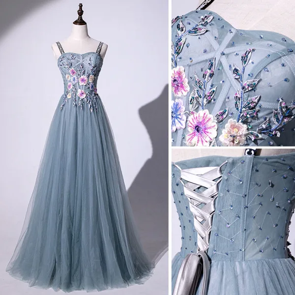 Modern / Fashion Flower Fairy Green Prom Dresses 2019 A-Line / Princess Spaghetti Straps Beading Crystal Sequins Lace Flower Sleeveless Backless Floor-Length / Long Formal Dresses
