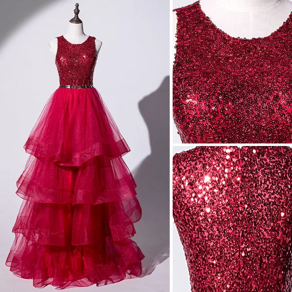 Charmant Bordeaux Robe De Soirée 2019 Princesse Encolure Dégagée Paillettes Ceinture Volants en Cascade Longue Robe De Ceremonie