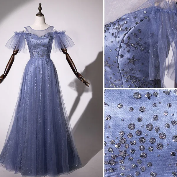 Modern / Fashion Ocean Blue Evening Dresses 2019 A-Line / Princess Scoop Neck Star Sequins Short Sleeve Backless Floor-Length / Long Formal Dresses