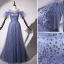 Modern / Fashion Ocean Blue Evening Dresses  2019 A-Line / Princess Scoop Neck Star Sequins Short Sleeve Backless Floor-Length / Long Formal Dresses