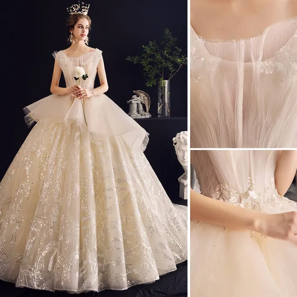 Charming Champagne Wedding Dresses 2020 Ball Gown Ruffle V-Neck Beading Pearl Lace Appliques Sequins Sleeveless Backless Royal Train