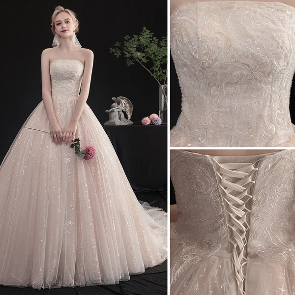 Charmant Champagne Robe De Mariée 2019 Princesse Bustier Perlage Paillettes En Dentelle Fleur Sans Manches Dos Nu Chapel Train