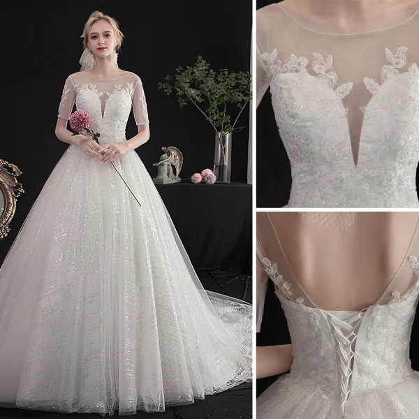 Élégant Ivoire Robe De Mariée 2019 Princesse Encolure Dégagée Perlage Paillettes En Dentelle Fleur Manches Courtes Dos Nu Cathedral Train