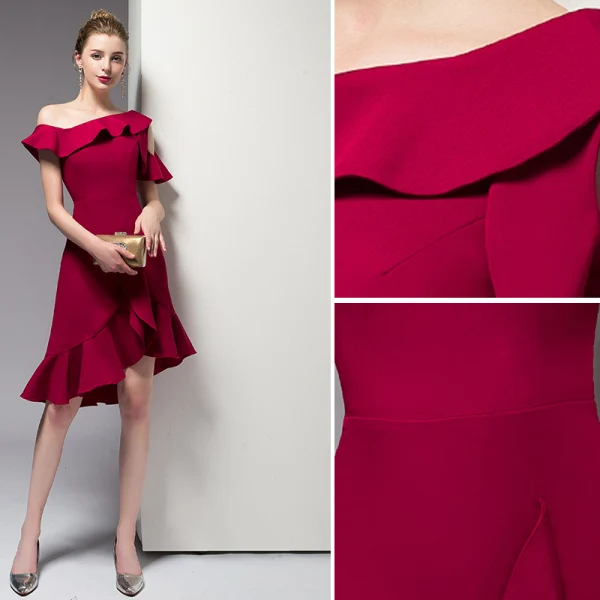 Chic / Beautiful Burgundy Graduation Dresses 2020 Homecoming Trumpet / Mermaid One-Shoulder Short Sleeve Zipper Up at Side Knee-Length Formal Dresses