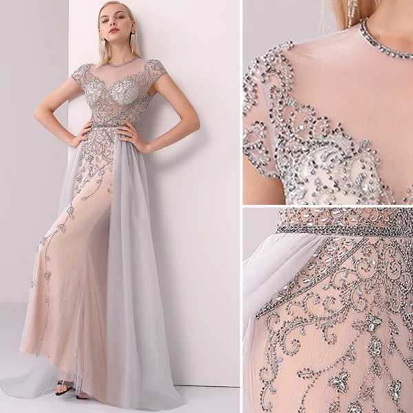 High-end Champagne Grey Evening Dresses 2020 A-Line / Princess Scoop Neck Handmade Beading Crystal Rhinestone Short Sleeve Floor-Length / Long Formal Dresses