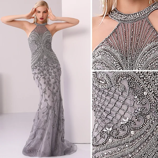 Luxury / Gorgeous Grey Evening Dresses  2020 Trumpet / Mermaid Scoop Neck Handmade  Beading Crystal Rhinestone Pearl Sleeveless Sweep Train Formal Dresses
