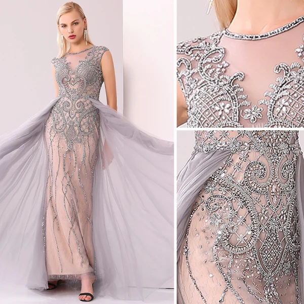 Luxury / Gorgeous Champagne Grey Handmade  Beading Evening Dresses  2020 A-Line / Princess Scoop Neck Crystal Pearl Rhinestone Sleeveless Floor-Length / Long Formal Dresses