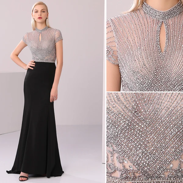 High-end Black Evening Dresses  2020 Trumpet / Mermaid Scoop Neck Handmade  Beading Crystal Rhinestone Short Sleeve Floor-Length / Long Formal Dresses