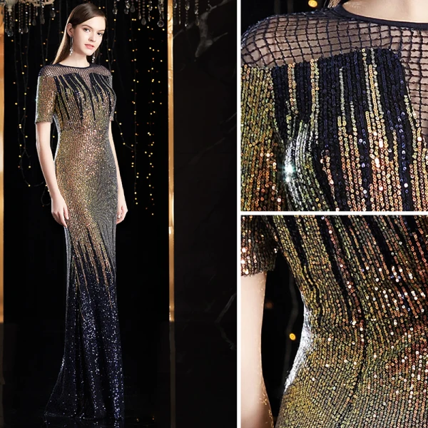 Charmant Multi-Couleurs Robe De Soirée 2020 Trompette / Sirène Encolure Dégagée Fait main Perlage Cristal Paillettes Manches Courtes Longue Robe De Ceremonie