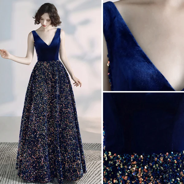 Elegant Royal Blue Prom Dresses 2020 A-Line / Princess Suede V-Neck Sequins Sleeveless Backless Floor-Length / Long Formal Dresses