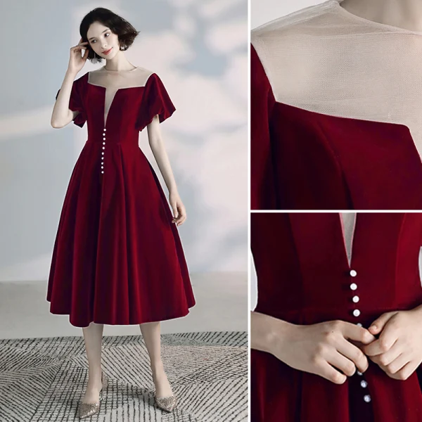 Chic / Beautiful Burgundy Homecoming Graduation Dresses 2020 A-Line / Princess Scoop Neck Suede Short Sleeve Backless Formal Dresses