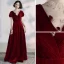 Elegantes Borgoña Vestidos de noche 2020 A-Line / Princess Cuello Alto Rebordear Rhinestone Suede Manga Corta Sin Espalda Largos Vestidos Formales