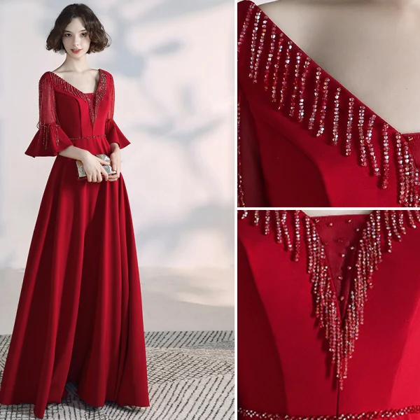 Elegant Burgundy Evening Dresses 2020 A-Line / Princess V-Neck Beading Crystal Tassel Bell sleeves Backless Floor-Length / Long Formal Dresses