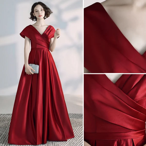 Modern / Fashion Burgundy Evening Dresses 2020 A-Line / Princess V-Neck Backless Sleeveless Floor-Length / Long Formal Dresses
