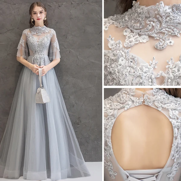 Elegant Grey Evening Dresses 2019 A-Line / Princess High Neck Beading Crystal Lace Flower 1/2 Sleeves Backless Floor-Length / Long Formal Dresses