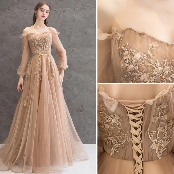 Charming Gold Evening Dresses 2020 A-Line / Princess Off-The-Shoulder Beading Appliques Lace Flower Crystal Pearl Long Sleeve Backless Floor-Length / Long Formal Dresses