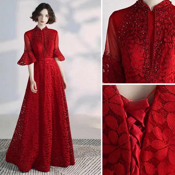 Elegant Kinesisk Stil Bourgogne Selskabskjoler 2020 Prinsesse Høj Hals Beading Perle Krystal Med Blonder Bell ærmer Halterneck Lange Kjoler