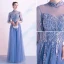 Chic / Beautiful Ocean Blue Evening Dresses  2020 A-Line / Princess High Neck Rhinestone Lace Flower 1/2 Sleeves Backless Floor-Length / Long Formal Dresses