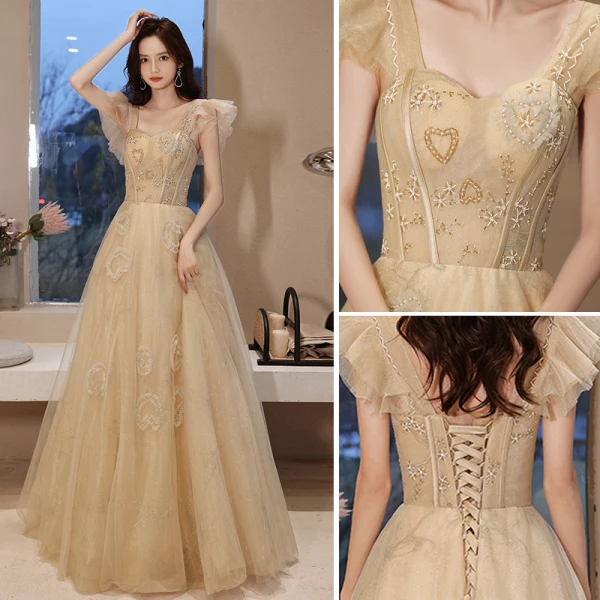 Charming Champagne Prom Dresses 2021 A-Line / Princess Square Neckline Beading Short Sleeve Backless Floor-Length / Long Prom Formal Dresses