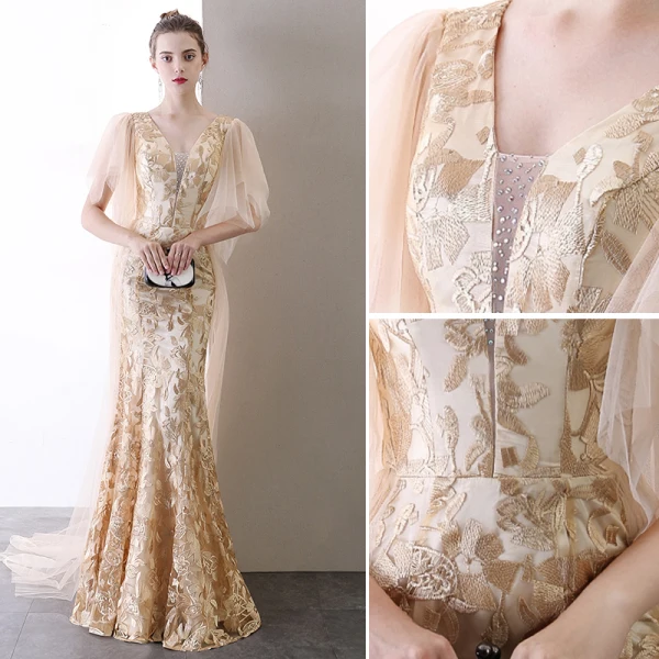 Charmant Champagne Robe De Soirée 2020 Trompette / Sirène V-Cou En Dentelle Faux Diamant Manches Courtes Dos Nu Train De Balayage Robe De Ceremonie