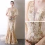Charmant Champagne Robe De Soirée 2020 Trompette / Sirène V-Cou En Dentelle Faux Diamant Manches Courtes Dos Nu Train De Balayage Robe De Ceremonie