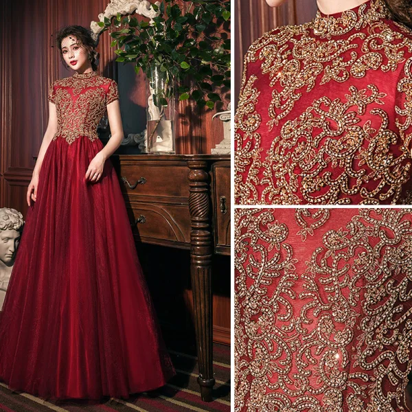 Vintage / Retro Burgundy Prom Dresses 2020 A-Line / Princess High Neck Gold Lace Short Sleeve Backless Floor-Length / Long Formal Dresses
