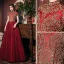 Vintage / Retro Burgundy Prom Dresses 2020 A-Line / Princess High Neck Gold Lace Short Sleeve Backless Floor-Length / Long Formal Dresses