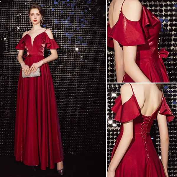 Chic / Belle Bordeaux Robe De Soirée 2020 Princesse Bretelles Spaghetti Noeud Manches Courtes Dos Nu Longue Robe De Ceremonie
