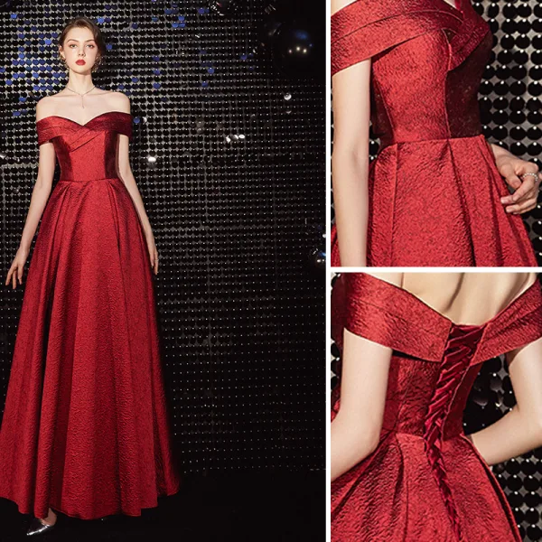 Chic / Beautiful Red Evening Dresses 2020 A-Line / Princess Off-The-Shoulder Sleeveless Backless Floor-Length / Long Formal Dresses