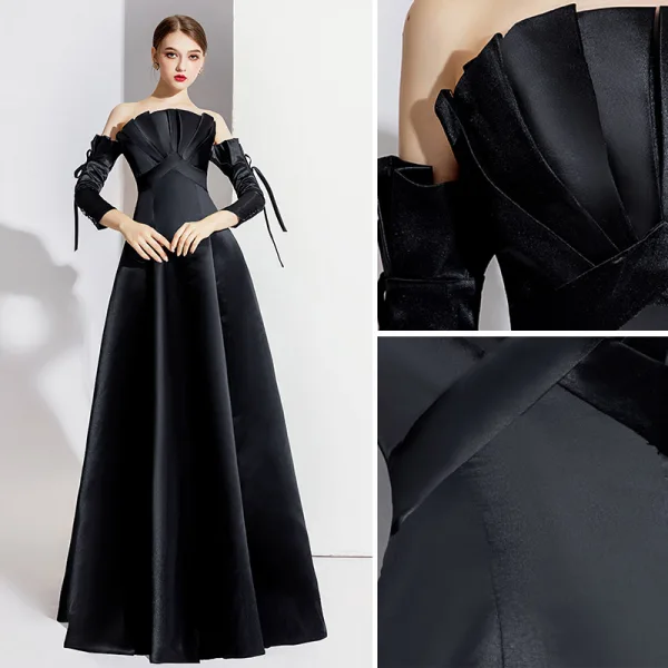 Elegant Black Evening Dresses 2020 A-Line / Princess Off-The-Shoulder Bow 3/4 Sleeve Backless Floor-Length / Long Formal Dresses