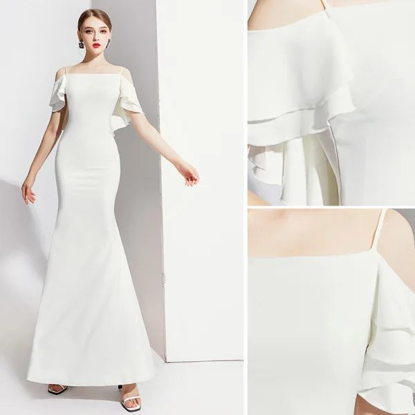 Elegante Ivory / Creme Abendkleider 2020 Meerjungfrau Spaghettiträger Kurze Ärmel Rückenfreies Lange Festliche Kleider