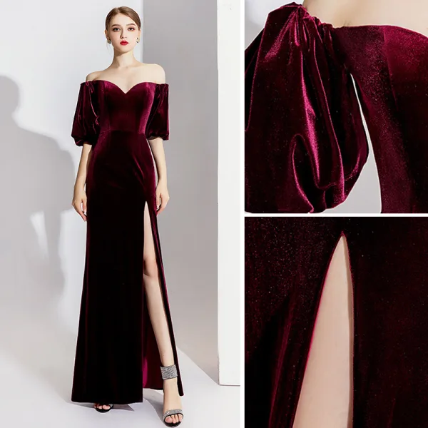 Elegant Burgundy Evening Dresses  2020 Trumpet / Mermaid Suede Off-The-Shoulder Short Sleeve Split Front Floor-Length / Long Formal Dresses